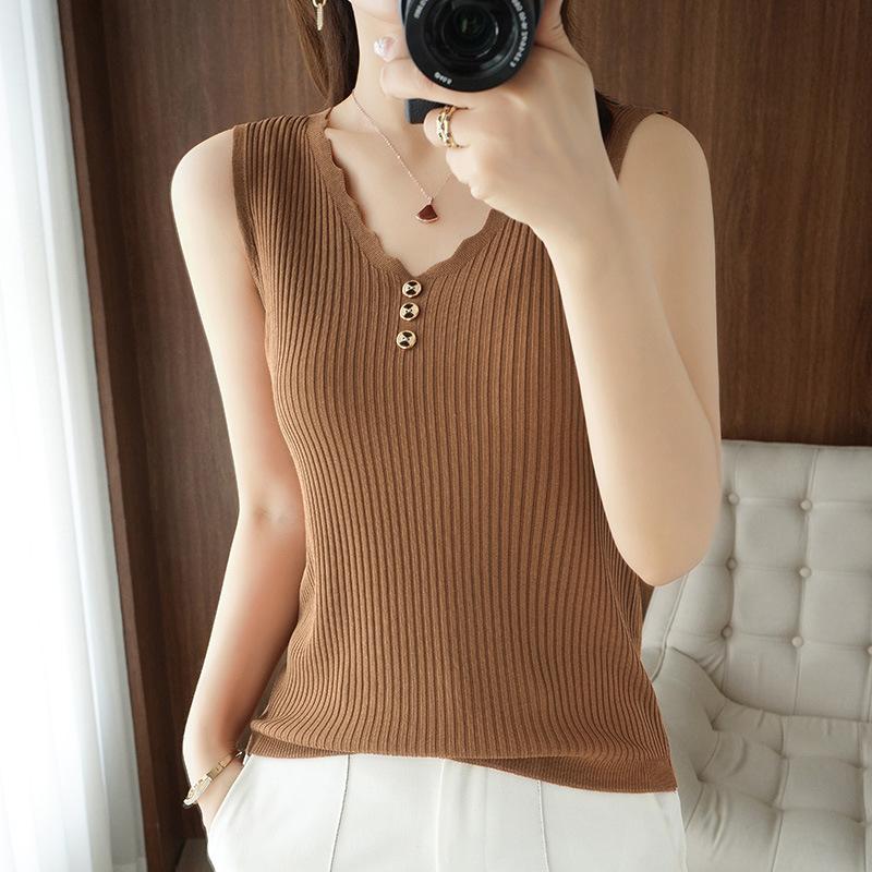 IHUASU Dámské letní tílko s výstřihem do V z ledového hedvábí, bez rukávů, pletené tričko, top, zakřivené korálky, slim, s krátkým rukávem, spodní topy