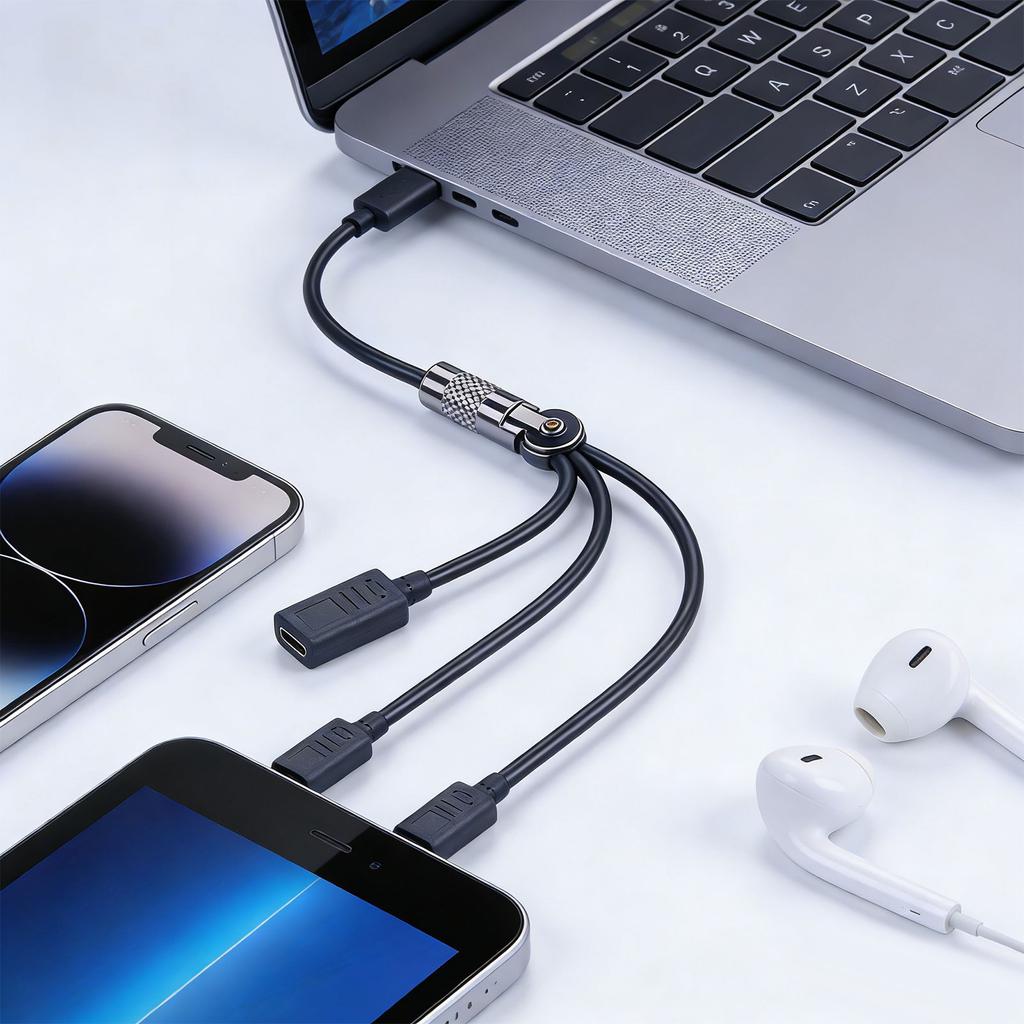 USB C 1 Male to 3 Female Splitter Data Transfer Charging 180 Degree Rotation Extender Splitter Cable for Smartphone