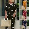 Women's Black Polka Dot Long Sleeve Top and Pants Set, Plus Yellow, Red, Navy Blue Color Options