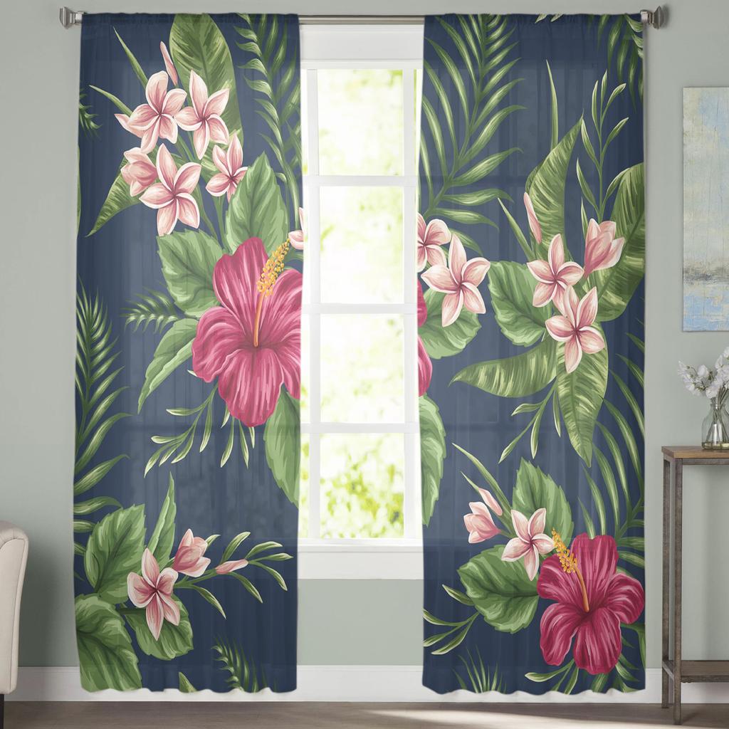 Flower Leaves Feather Hibiscus Tulle Sheer Window Curtains for Living Room Kitchen Children Bedroom Voile Hanging Curtain