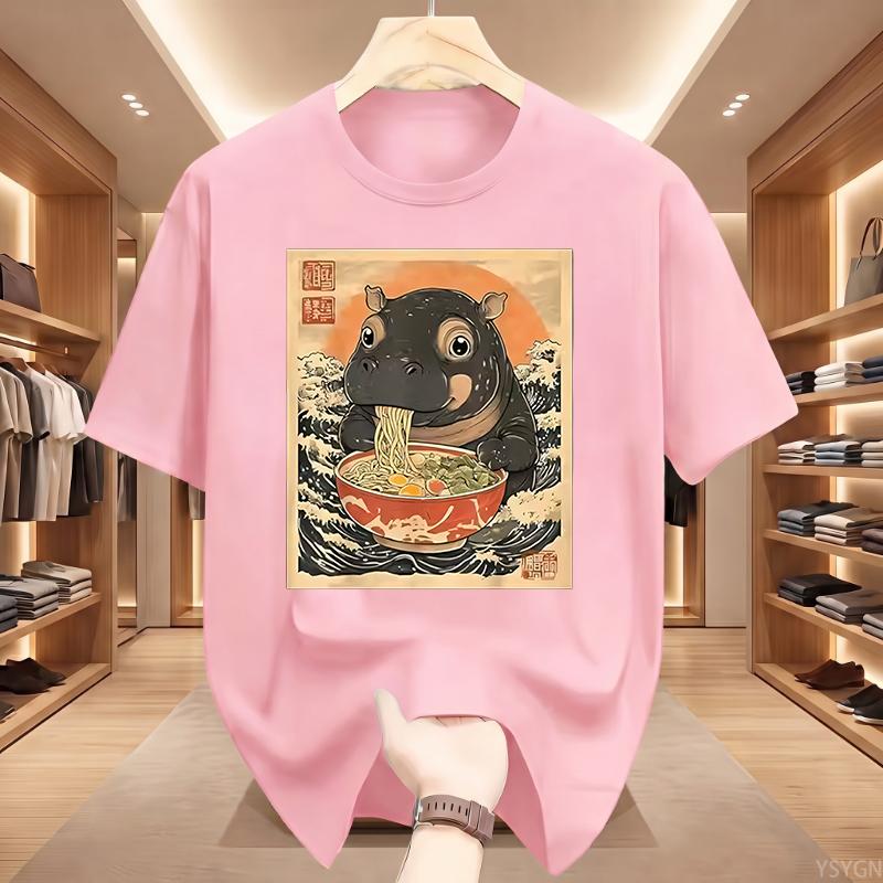 Moo Deng Hippo Eating Ramen T Shirt Japanese Ukiyo Graphic Tee Cute Animal Harajuku Streetwear Top Tshirt