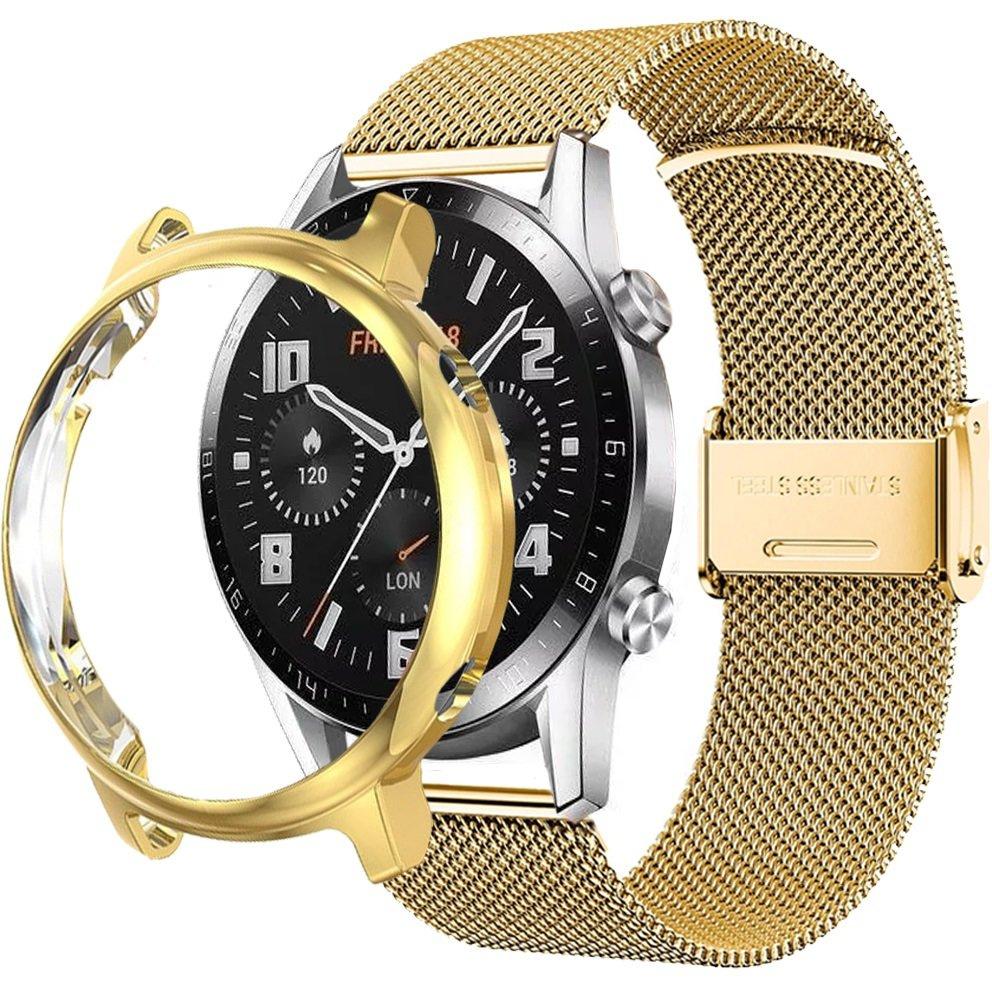 Mailänder Armband + Gehäuse mit Displayschutz für Huawei Watch GT 2 46mm, Gold