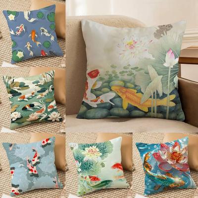 Natural Fun Koi Fish Lotus Pillow Case Silky Elegant Comfort Sofa Bed Invisible Zipper Beach Pillowcase