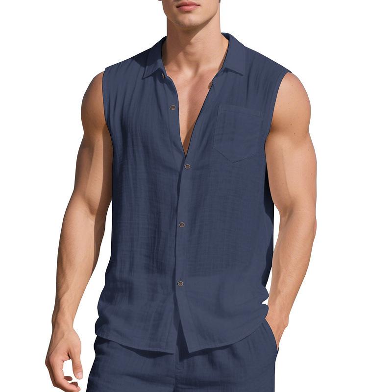 New linen solid color shirt men's summer sleeveless loose casual lapel vest