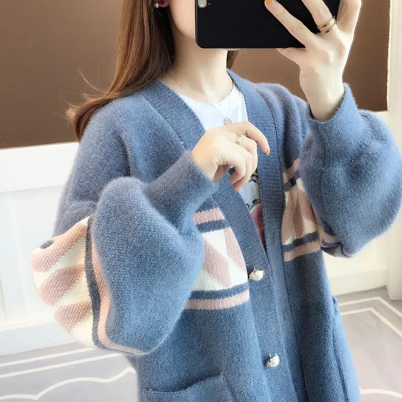 Women Mink Fleece Jacket Plus Size Sweater Knit Cardigan Korean Loose Single Breasted  Long Sleeve Coat