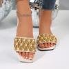 [Foreign Trade] French rhinestone sequined cool slippers women's summer wear one-word slippers square toe sandals