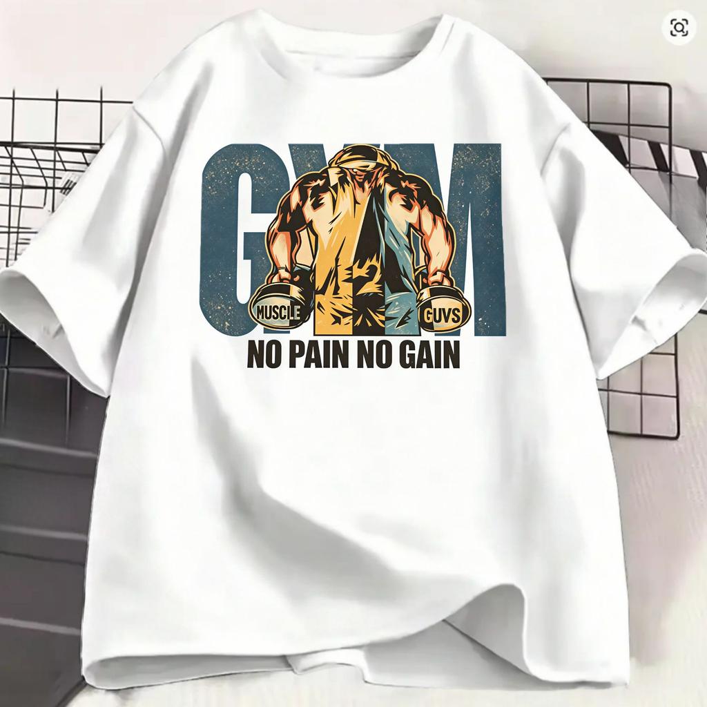 Unisexs TShirts Gym Bodybuilding Fitness Funny Pure Cotton Short Sleeve NO PAIN NO GAIN T Shirts O Neck Clothing 4XL 5XL 6XL