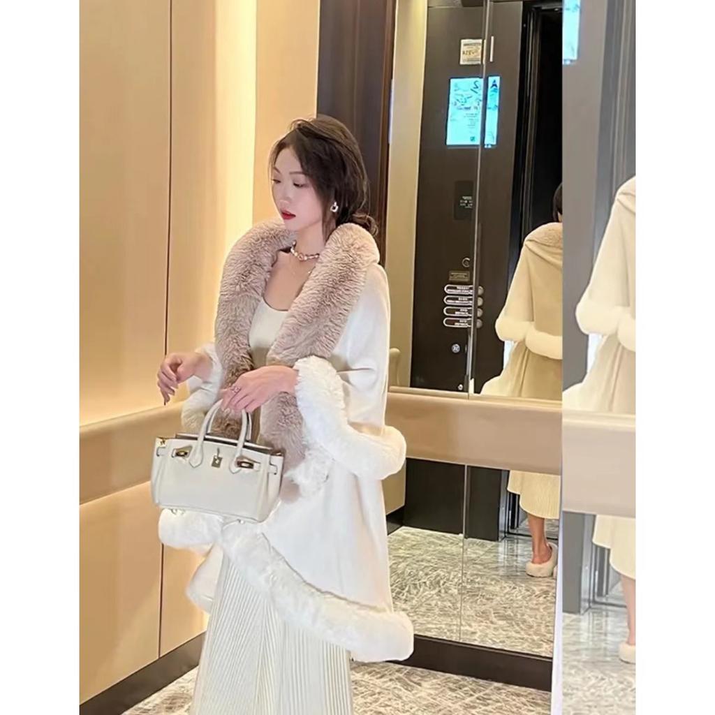 Fresh Double-Layer Gradual Change Color Hanging Dye Fur Collar Knitted Cardigan Shawl Cape 0108 #