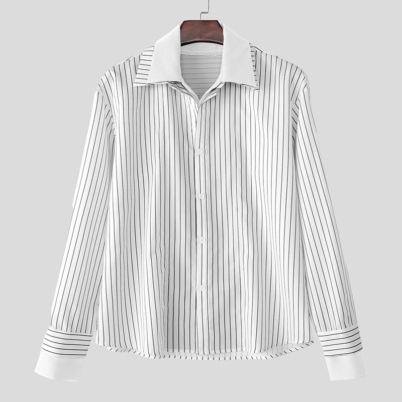 

INCERUN Men s Lapel Long Sleeve Fake Two-piece Striped Print Button Up Shirts Tops 5XL