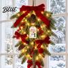 Holiday Wreath with Red Berries Christmas Teardrop Swag LED Lights Artificial PE Pine Hanging Decoration Lighted Door Bow Pinecones for Front