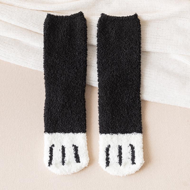 Women's Mid-Calf Coral Fleece Socks: Half-Sided Fleece, Cat Paw Design, Cute & Cozy for Autumn/Winter