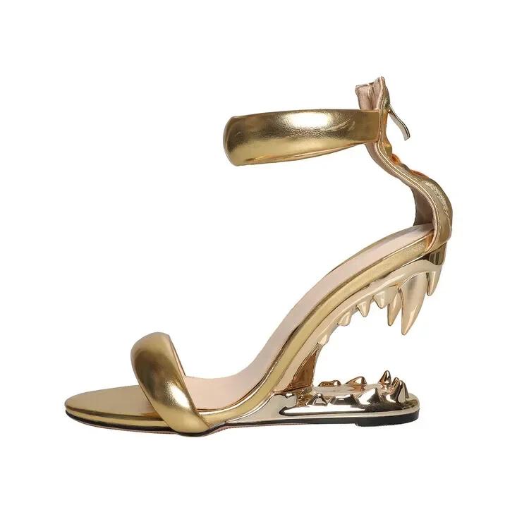 Fashion Brand Gold Strange Tiger Teeth Slope Heel Sandals  New Women's Back Zipper Simple Dress Banquet Designer Women Shoes Size 34-44