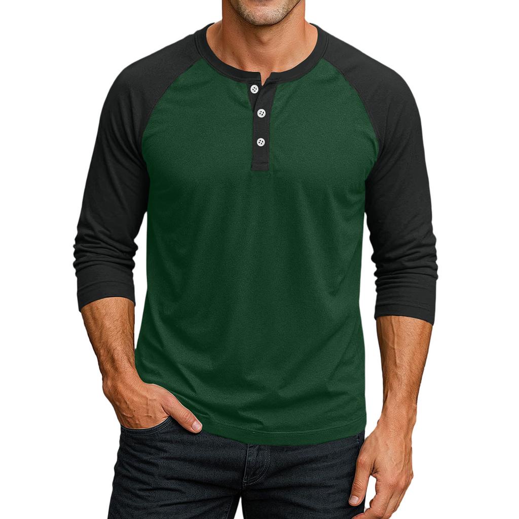 Men Henley Neck Raglan Sleeve Three Quarter Button Down Baseball T Shirt Casual Loose Fit Top for Daily Wear