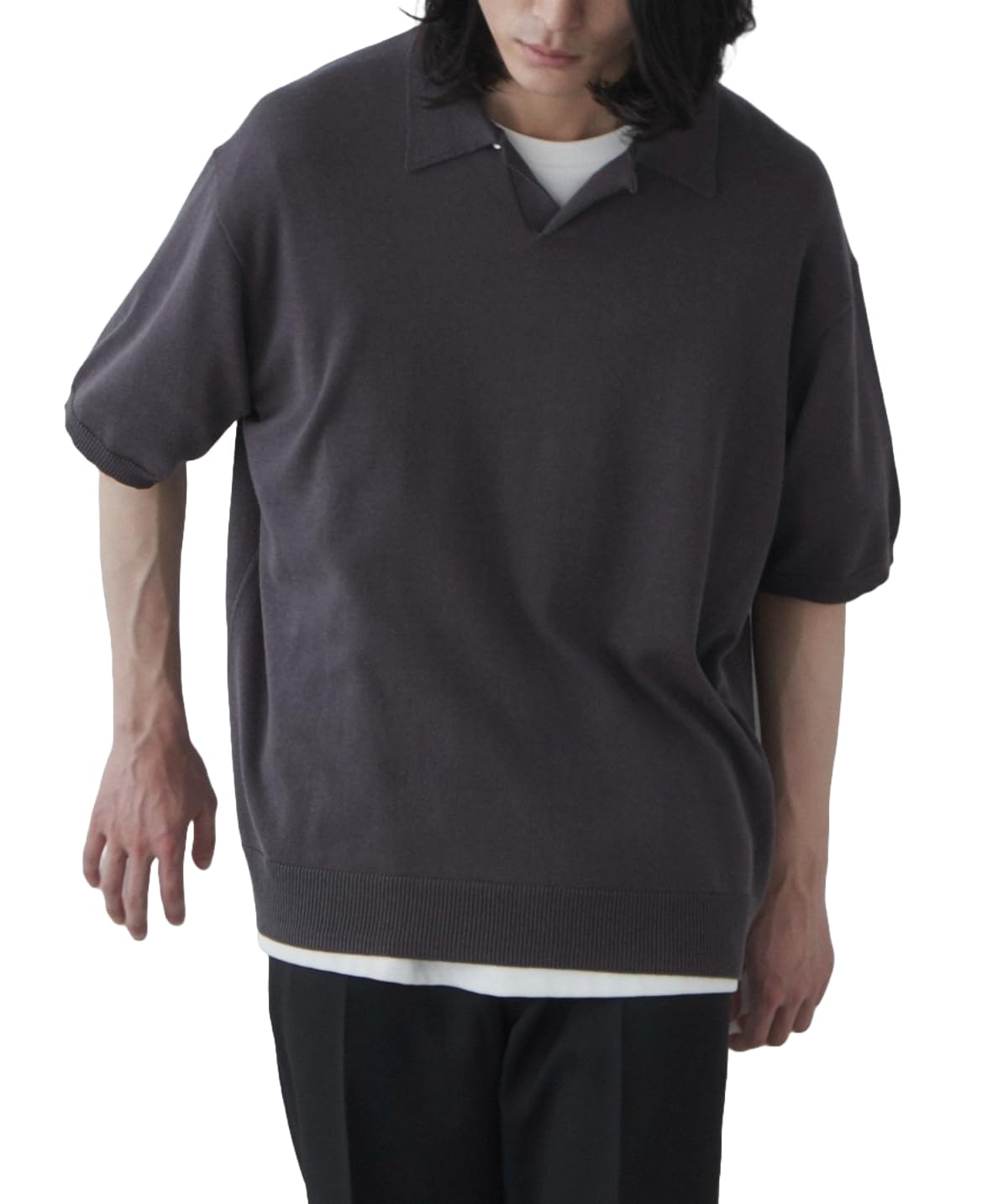 

WEGO Skipper Short Summer Knit Loose Oversized Korean Size Dark Gray Men s Shirt, Sleeve, Top, T-Shirt, Clothes, Polo, Simple, Fit, Silhouette,