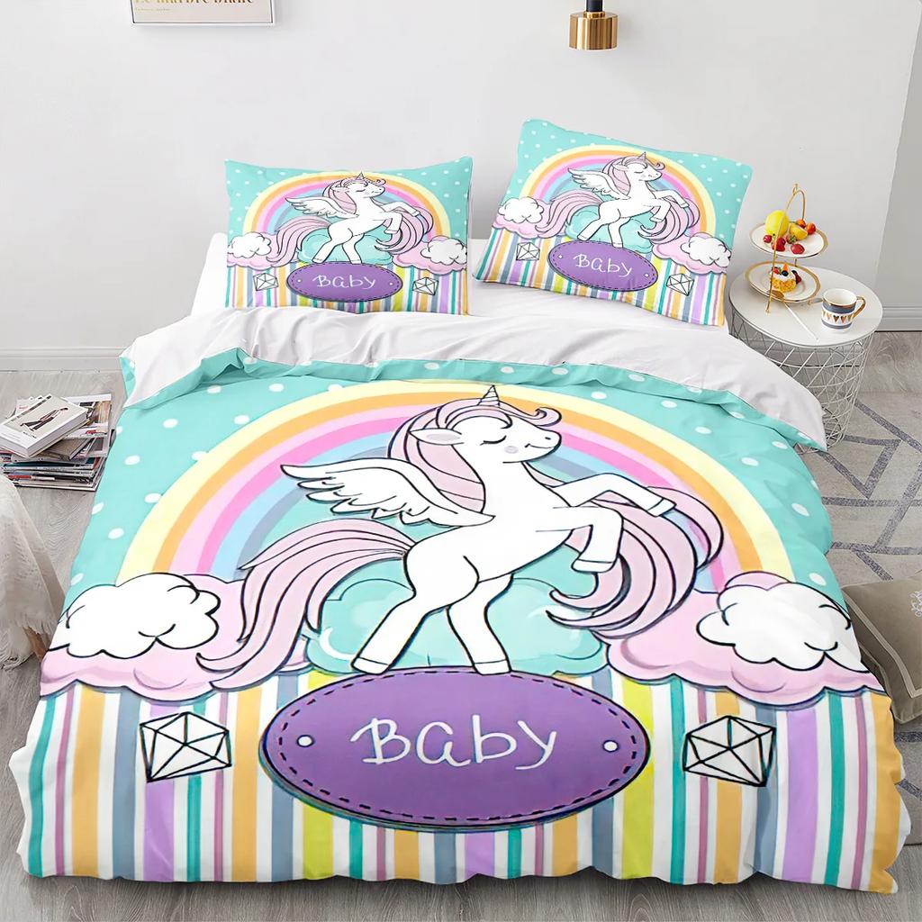 Unicorn Duvet Cover King Queen Cute White Cartoon Animal Bedding Set Children Boys Girl Western Fairy Tale Polyester Quilt Cover