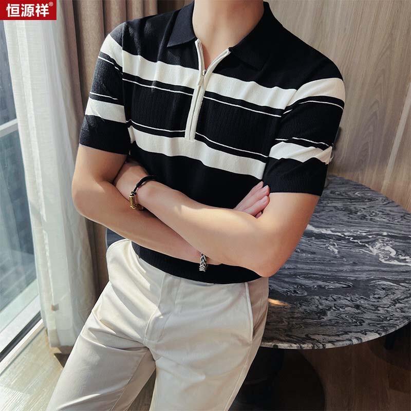 Hengyuanxiang Men s Striped Knit Polo Shirt 2XL