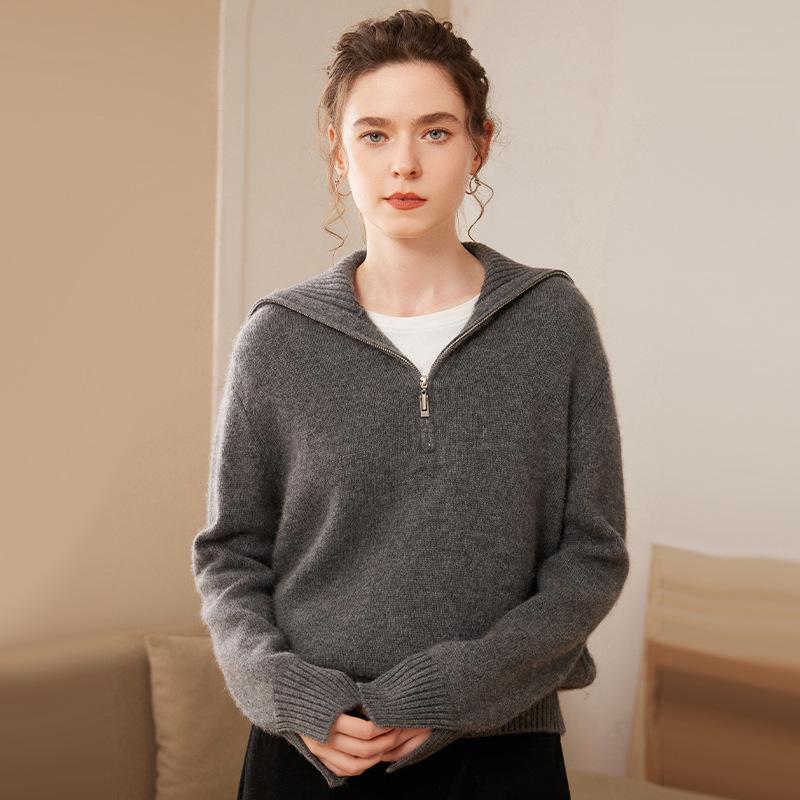 2024 Autumn/Winter Women's Cashmere Knit Lapel Half-Zip Outerwear, Long Sleeve, Loose Fit, Warm & Slimming