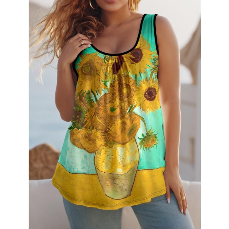 Plus Size Comfortable Summer Casual And Elegant Vacation Style Painted Sunflower Flower Element 1XL