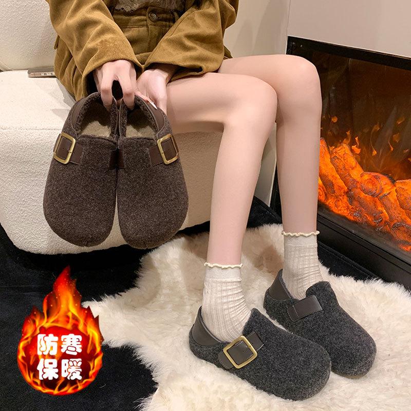 Inner Height Increase Full Bun Women's Shoes Autumn and Winter New Velvet Thickened Warm Cotton Shoes One Pedal Lazy Shoes