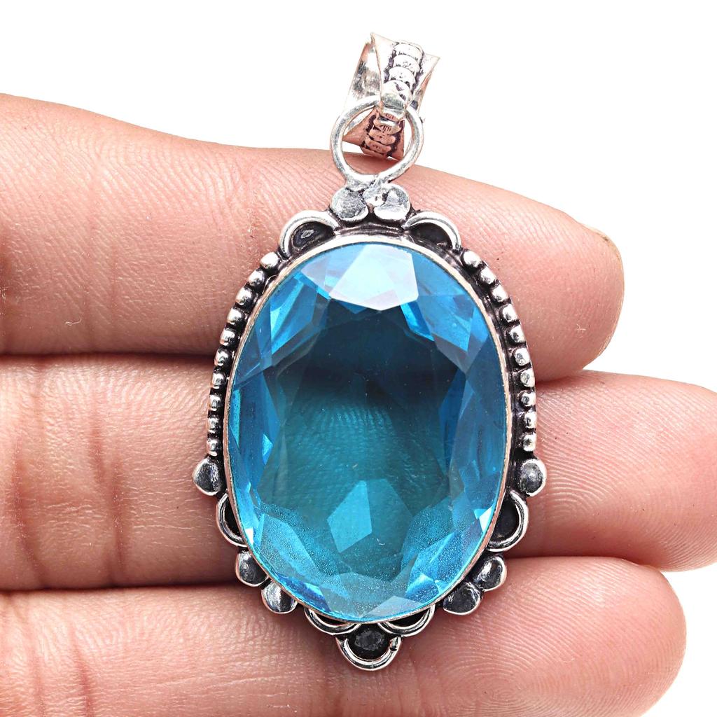 Pendant Swiss Blue Quartz Gemstone Handicraft Valentine'Day Silver Jewelry 2"