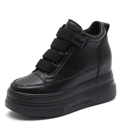 Botas de tornozelo de 10 cm Couro genuíno Mulheres Sapatos de cunha Plataforma Tênis Salto alto Spting Outono Pelúcia Casual Sapatos altos