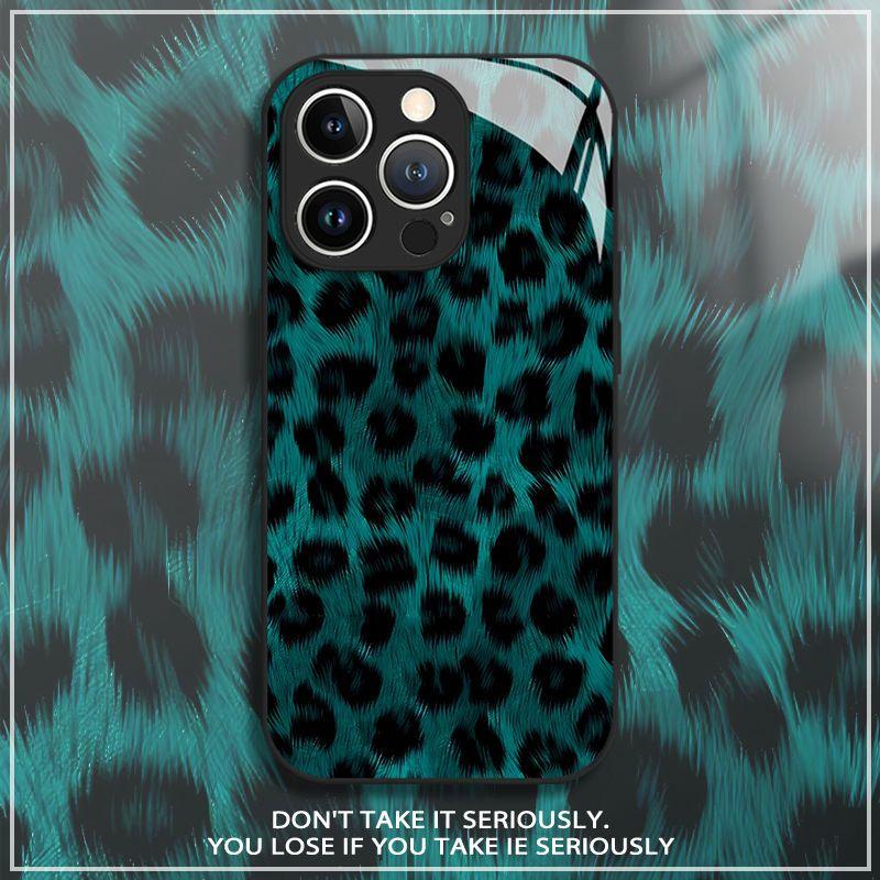 Dark green leopard print tempered glass phone case suitable for iPhone 17 16 15 14 13 12 11Pro Max Plus anti drop and shockproof