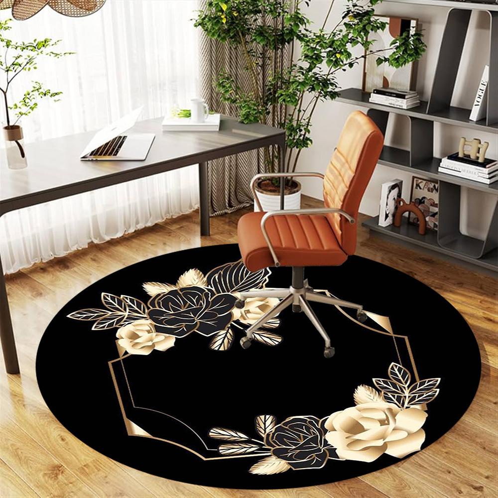 1PC Floral Frame Black and Gold Office Round Area Rug, Under Office Chairs Bedroom Living Room Home Decor,Carpet for Office, -1110282