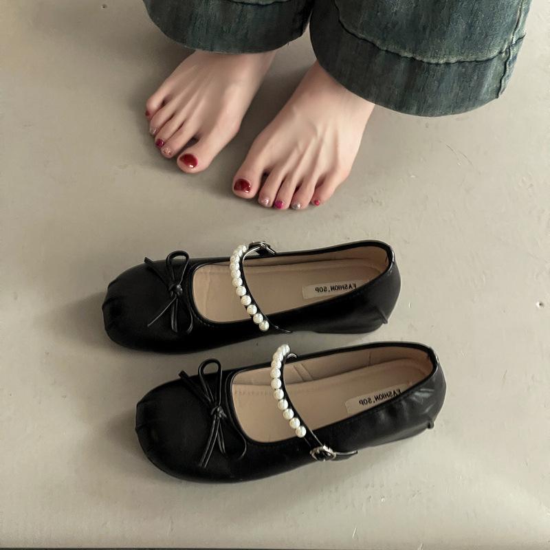 Summer pearl one-word strap single shoes new retro temperament versatile bow Mary Jane shoes women