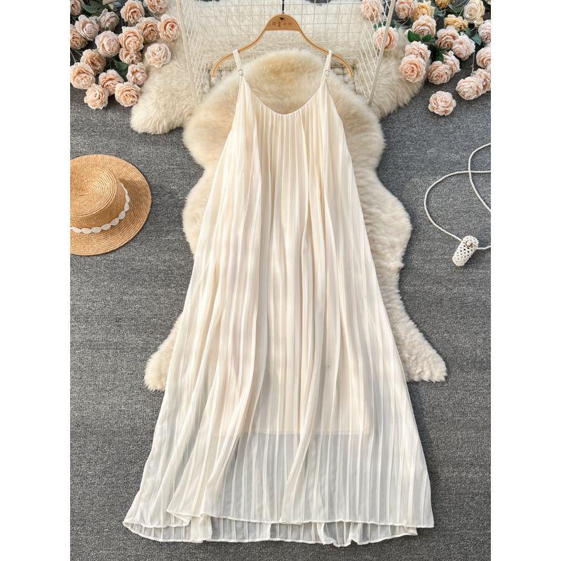 Idle Style Chiffon Pleated Long Sling Vacation Skirt