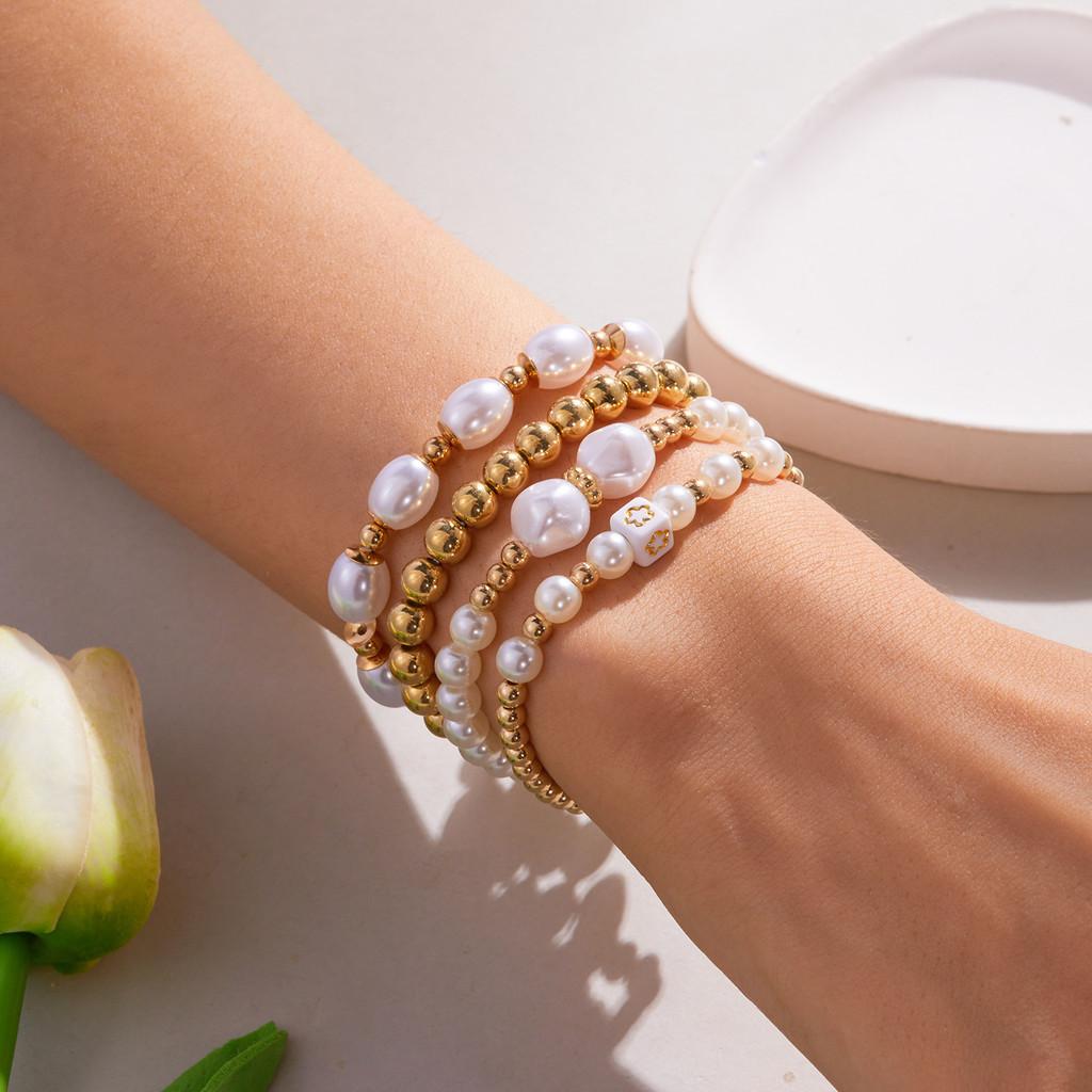 Artificial Pearl Beaded Bracelet With Geometric Oval Design For Womens Fashion Accessory