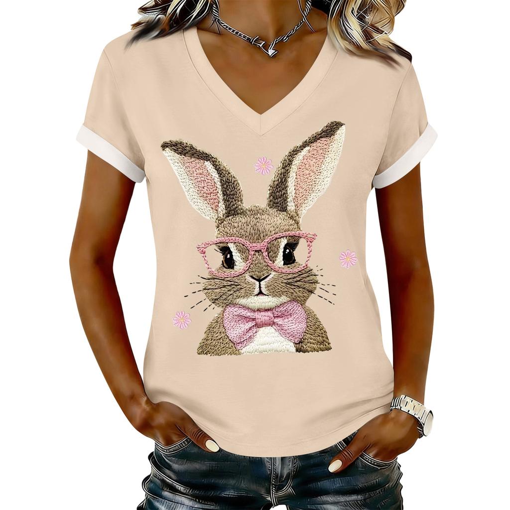 Women's Casual Printed T-Shirt V Neck Pullover Short Sleeve Top