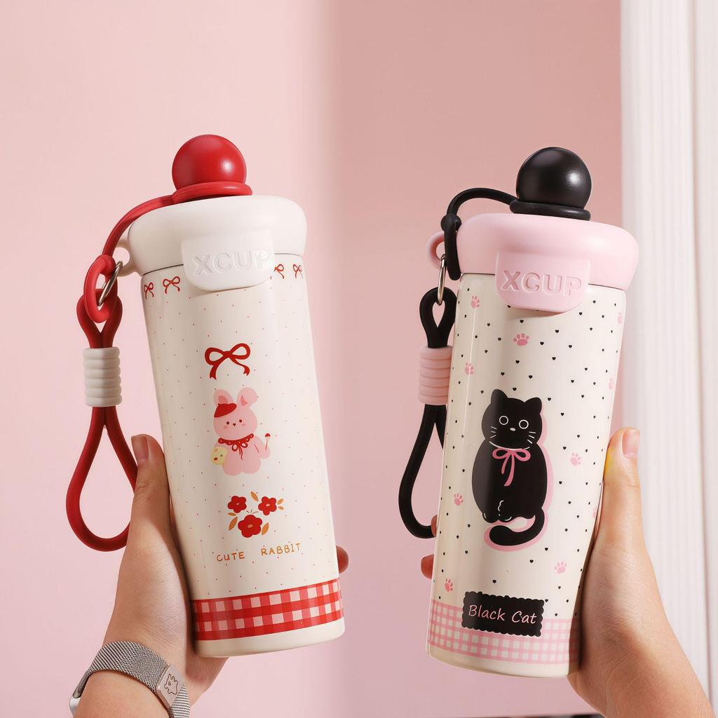 316 Stainless Steel Insulated Straw Cup for Women & Students - Cute Cartoon Water Bottle with Handle for Outdoor Use.