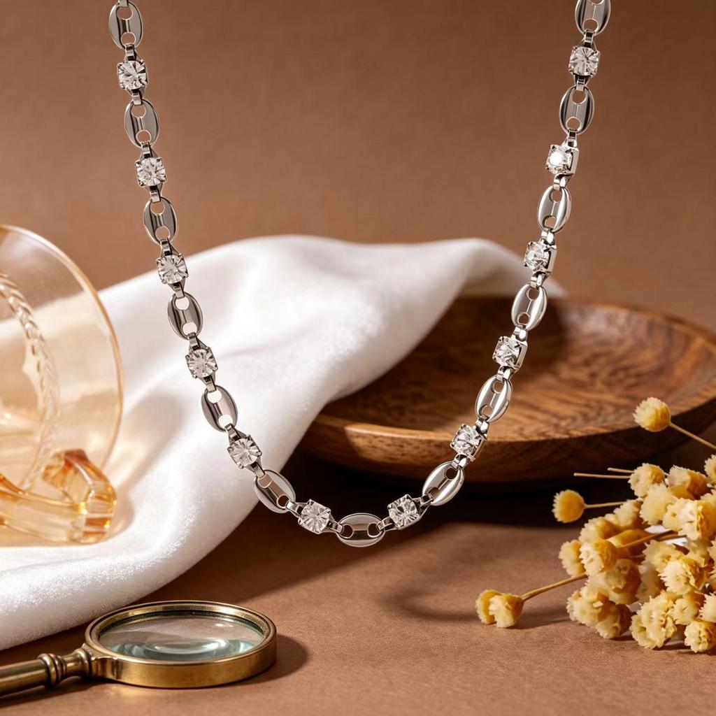 Rhinestone-Embellished Titanium Steel Jewelry Set: 18K Gold Necklace, Bracelet & Earrings for Women
