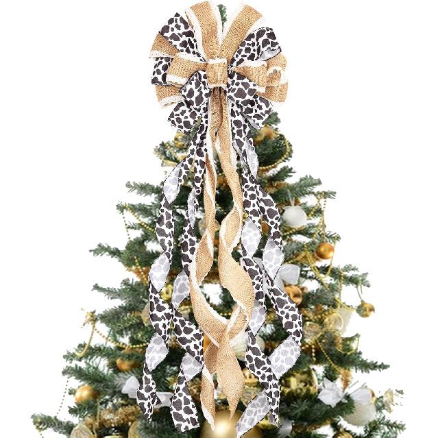 Cow Print Christmas Tree Topper Bow, Rustic Cow Farmhouse Ox Christmas Wreath Bow, Black and White Decorative Large Gift Bow, Xmas Hanging Ornament