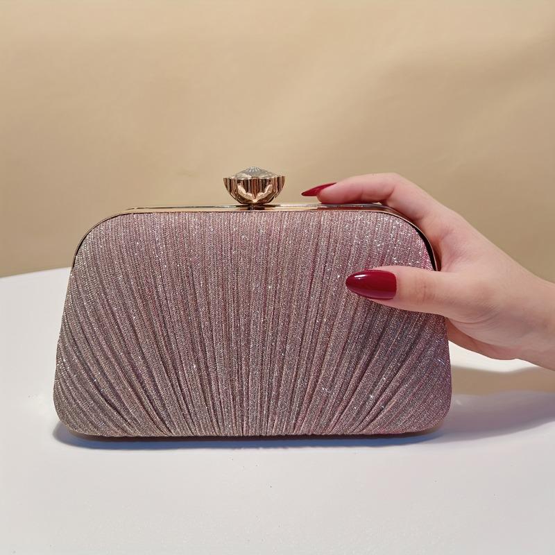 Solid Color Banquet Clutch, Metal Chain Pleated Fashionable Design Shiny Shoulder Bag, Women's Diagonal Cross Bags