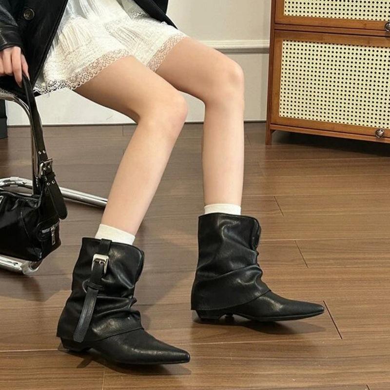 Retro pointed western short boots women's summer new belt buckle pants boots niche babes pile boots