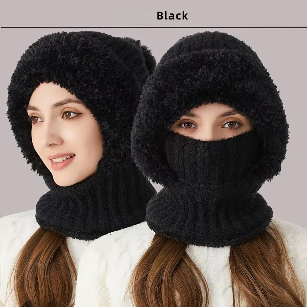 Women's Winter Hat Face Mask and Plush Earrings - Soft and Warm Full Face and Head Cover- Soft Fleece Lining Women's Winter Hat
