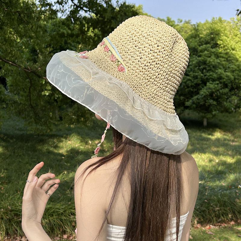 New Summer French Flower Lace Hollow Straw Hat Women's Beach Sun Protection Hat Knitted Sun Hat
