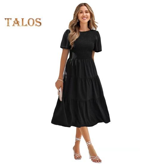 

Женское платье миди с короткими рукавами и сборками, летнее длинное плиссированное платье с круглым вырезом, повседневное многослойное струящееся платье А-силуэта S чёрный