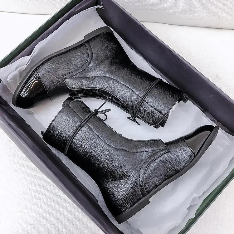 Soft Leather Women Short Boots Vintage Anti-slip Rubber Bottom Versatile Short Boots Women Lace-up Round Toe Boots