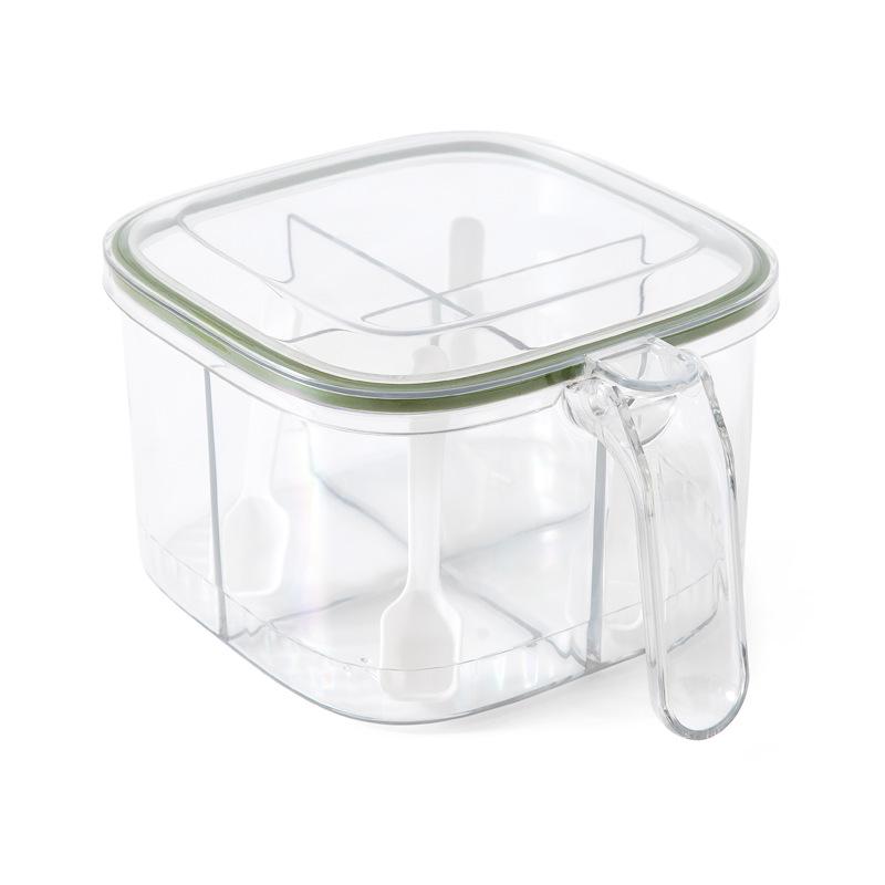 Transparent Kitchen Spice Box with Four Compartments, Spoon Handle, and Lid - Durable Plastic Seasoning Organizer