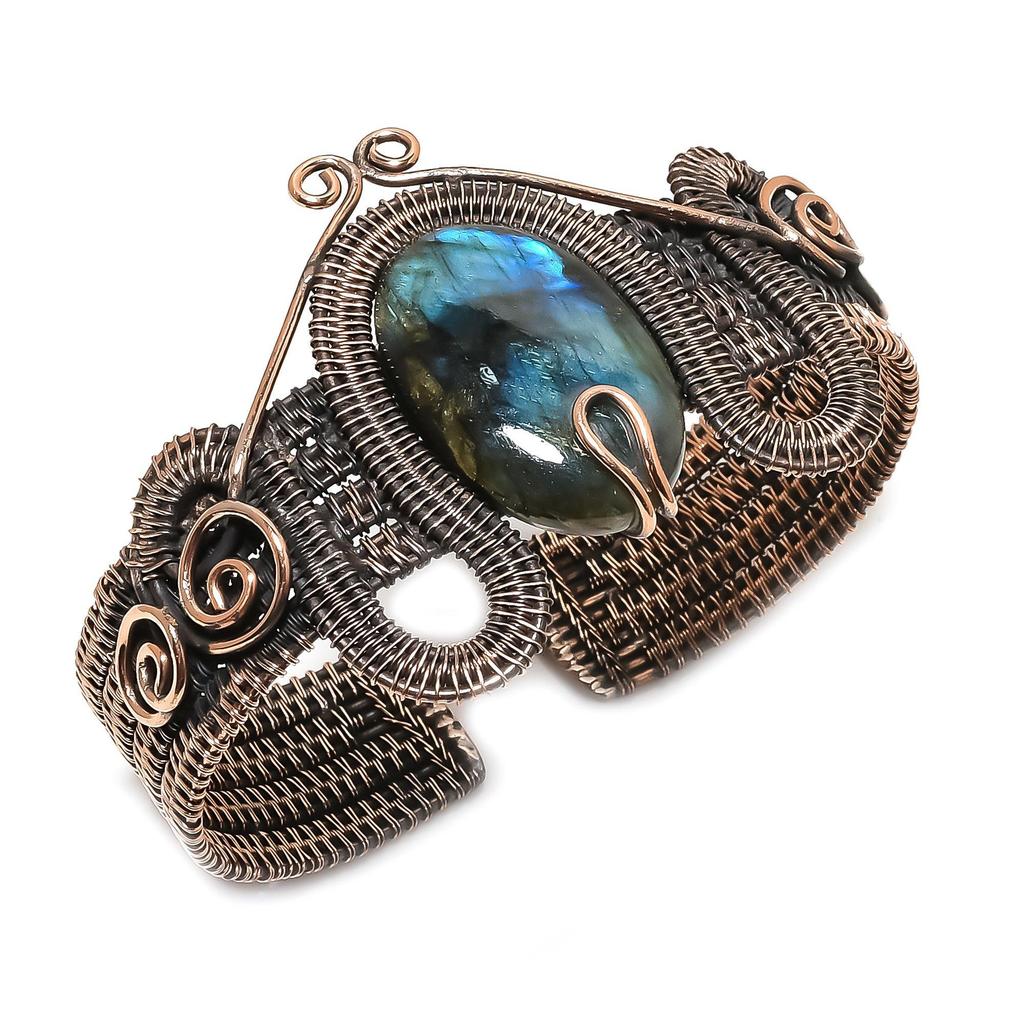 Labradorite Bangle, 999 Copper Wire Wrapped Jewelry, Gemstone Bangle Gift For Her Handmade Dainty Cuff Jewelry