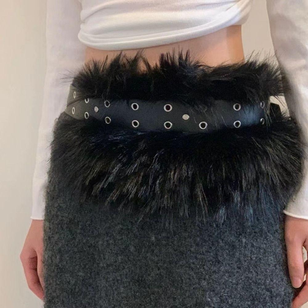 Rivet Leather Fur Belt PU Leather Y2K Waistband Personality Plush Belt  Female/Girls