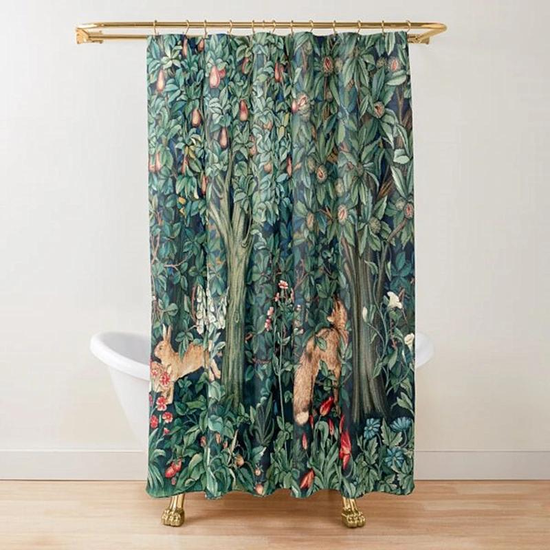 Animali del Bosco Fagiano e Volpe Tenda da Doccia Blu Verde Floreale Lepri Verdeggiante Tenda da Doccia per Bagno con 12 Ganci