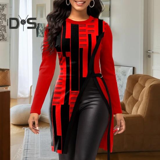 Women Autumn Winter Geometric Print Blouse O Neck Long Sleeve Side Split Hem Mid Length Pullover Tunic Tops Streetwear
