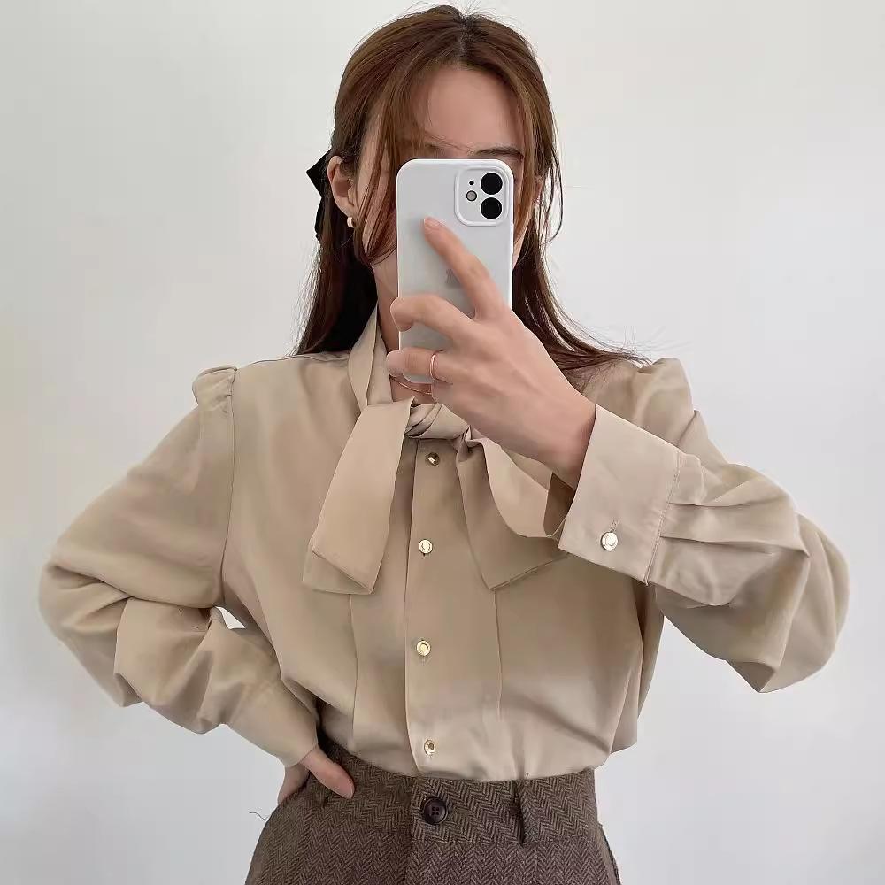 

Корейский шик Осень 2025 Многослойная рубашка с лентой и металлическими пуговицами Small хаки