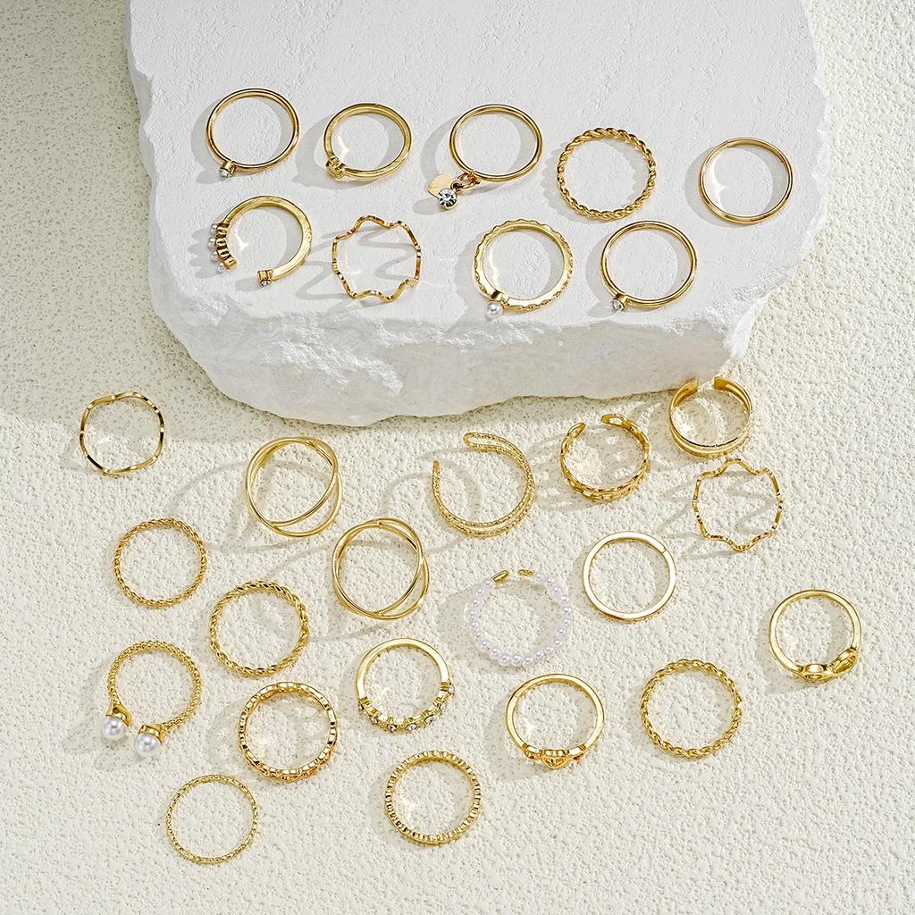 28Pcs/set Cross Wave Ring Set Pearl Crystal Gold Rings for Women Jewelry Accessories
