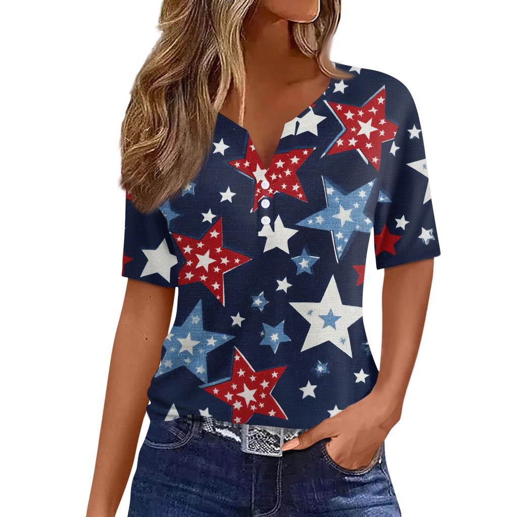 Women's T Shirt Independence Day Print Button Short Sleeve Daily Weekend Fashion Basic V- Neck Regular Top