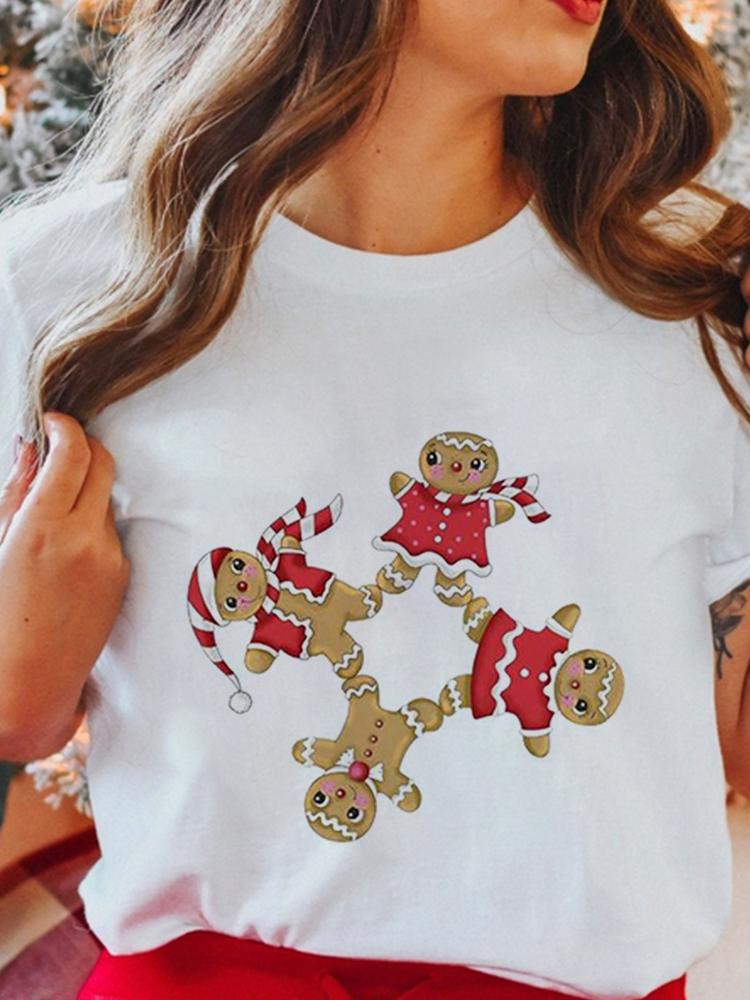 Women's Tops Christmas Short Sleeve Tees Female Summer Beach Funny Cartoon Santa Reindeer Printed T-Shirt Regular Graphic Female