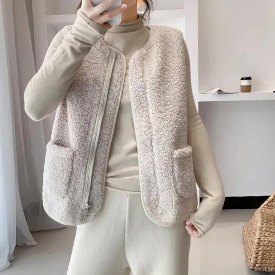 Women Fall Spring Vest Round Neck Thick Fleece Pockets Solid Color Sleeveless Zipper